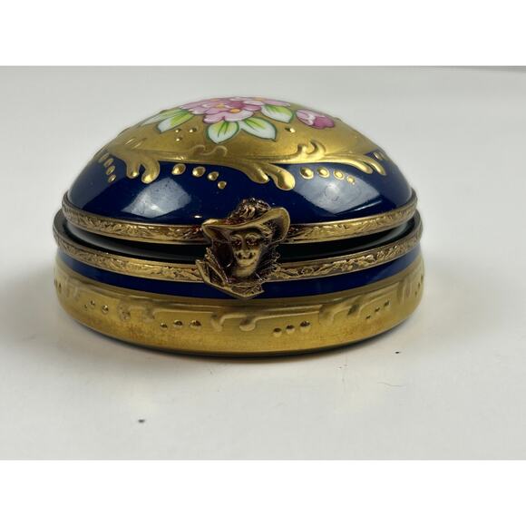 Rochard Limoges France Round Trinket Box Hand Painted Floral Cobalt Gold - Picture 3 of 10